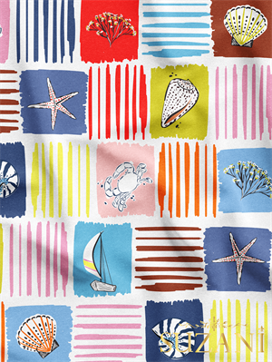 Renkli Deniz Kabuğu Desenli Dijital Baskılı Kumaş