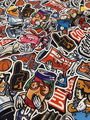 Renkli Karakterli Graffiti Desenli Dijital Baskılı Kumaş