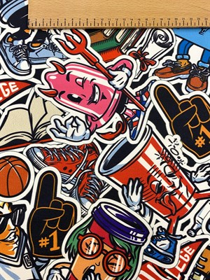 Renkli Karakterli Graffiti Desenli Dijital Baskılı Kumaş