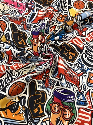 Renkli Karakterli Graffiti Desenli Dijital Baskılı Kumaş