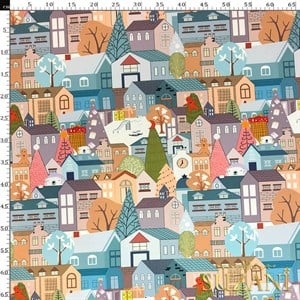 Renkli Kış Evleri Desenli Dijital Baskılı Kumaş