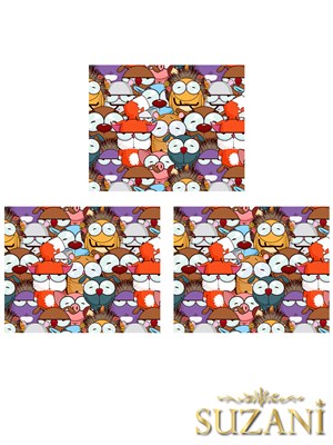 Renkli Komik Hayvanlar Desenli 3lü Beslenme Örtüsü, Amerikan Servisi Kumaşı