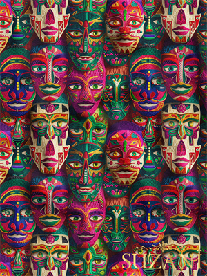 Renkli Maske Desenli Dijital Baskılı Kumaş