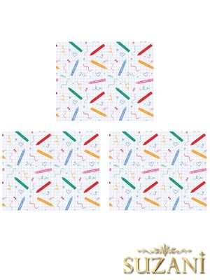 Renkli Pastel Boya Kalemleri Desenli 3lü Beslenme Örtüsü, Amerikan Servisi Kumaşı