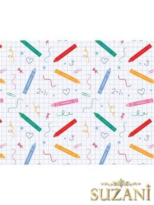 Renkli Pastel Boya Kalemleri Desenli 3lü Beslenme Örtüsü, Amerikan Servisi Kumaşı