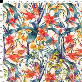 Renkli Tropikal Çiçekler Dijital Baskılı Kumaş