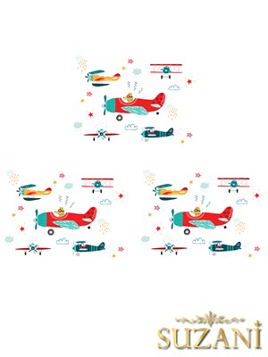 Renkli Uçaklar Desenli 3lü Beslenme Örtüsü, Amerikan Servisi Kumaşı