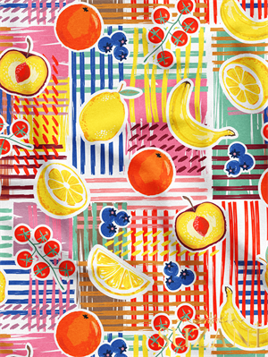 Renkli Yaz Meyveleri Desenli Dijital Baskılı Kumaş