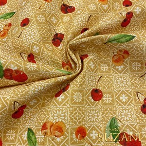 Retro Kiraz Desenli Dijital Baskılı Kumaş