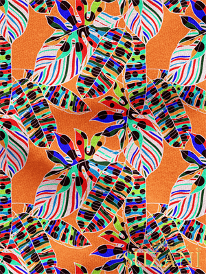 Retro Renkli Tropikal Yaprak Desenli Dijital Baskılı Kumaş