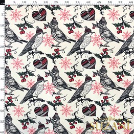 Şapkalı Kuş Desenli Dijital Baskılı Kumaş