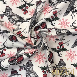 Şapkalı Kuş Desenli Dijital Baskılı Kumaş