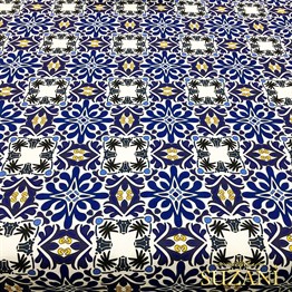 Sarı Lacivert Çini Desenli Kumaş