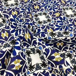 Sarı Lacivert Çini Desenli Kumaş