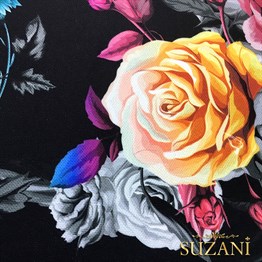 Sarı Mavi Gri Gül Desenli Kumaş