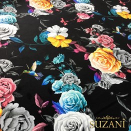 Sarı Mavi Gri Gül Desenli Kumaş