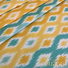 Sarı Turkuaz İkat Desenli Dijital Baskılı Kumaş