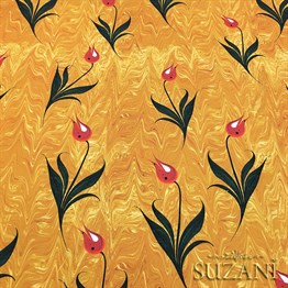 Sarı Zemin Ebru Sanatı Lale Desenli Kumaş