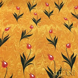 Sarı Zemin Ebru Sanatı Lale Desenli Kumaş