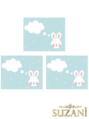 Sevimli Tavşan Desenli 3lü Beslenme Örtüsü, Amerikan Servisi Kumaşı