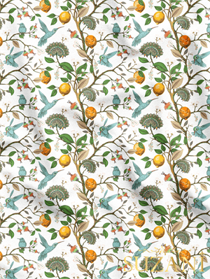 Sinek Kuşu ve Limon Ağacı Desenli Dijital Baskılı Kumaş