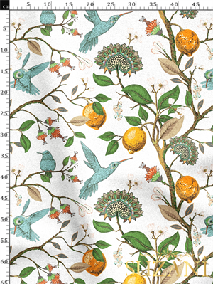 Sinek Kuşu ve Limon Ağacı Desenli Dijital Baskılı Kumaş