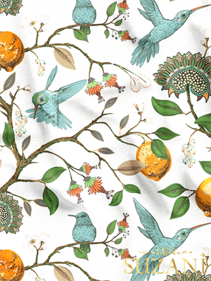 Sinek Kuşu ve Limon Ağacı Desenli Dijital Baskılı Kumaş