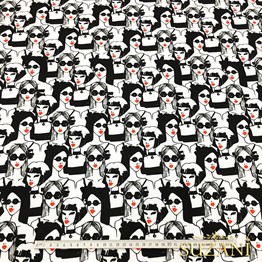 Siyah Beyaz Kadınlar Desenli Kumaş