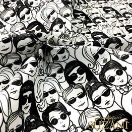 Siyah Beyaz Suratlar Desenli Kumaş