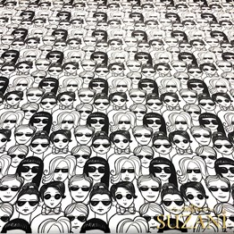 Siyah Beyaz Suratlar Desenli Kumaş