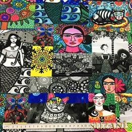 Siyah Beyazlı Patchwork Frida Desenli Kumaş