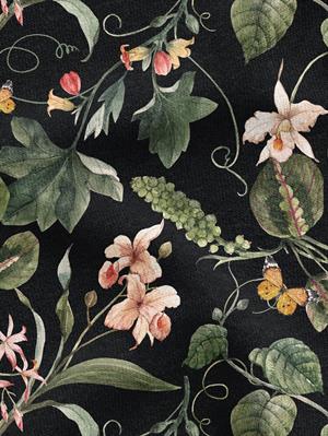 Siyah Botanik Desenli Dijital Baskılı Kumaş