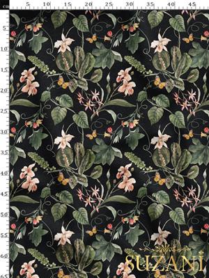 Siyah Botanik Desenli Dijital Baskılı Kumaş