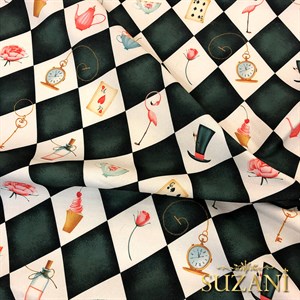 Damalı Alice Desenli Dijital Baskılı Kumaş