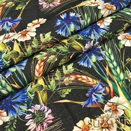 Siyah Keten Başaklar Desenli Kumaş