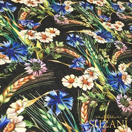 Siyah Keten Başaklar Desenli Kumaş