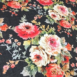 Siyah Keten Güller Desenli Kumaş