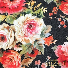 Siyah Keten Güller Desenli Kumaş