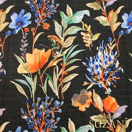 Siyah Keten Mavi Çiçek Desenli Kumaş