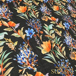 Siyah Keten Mavi Çiçek Desenli Kumaş