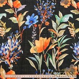 Siyah Keten Mavi Çiçek Desenli Kumaş