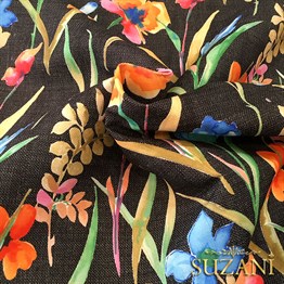 Siyah Keten Suluboya Çiçekler Desenli Kumaş