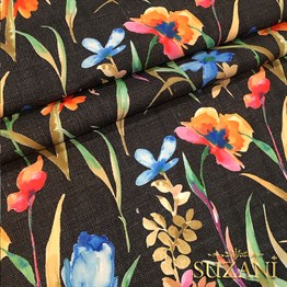 Siyah Keten Suluboya Çiçekler Desenli Kumaş