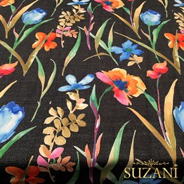 Siyah Keten Suluboya Çiçekler Desenli Kumaş