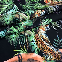 Siyah Zemin Botanik Leopar Desenli Kumaş