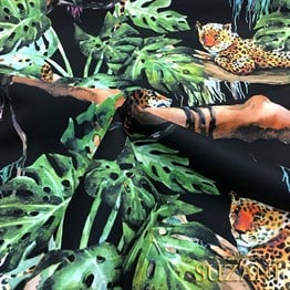 Siyah Zemin Botanik Leopar Desenli Kumaş