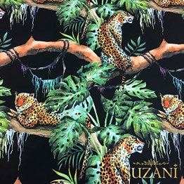 Siyah Zemin Botanik Leopar Desenli Kumaş