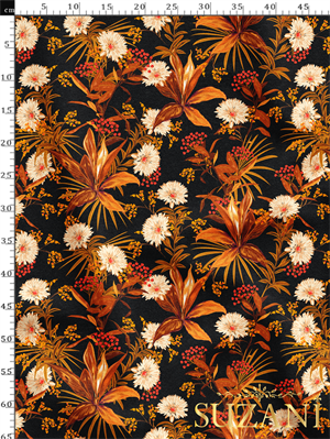 Siyah Zemin Çiçek Açan Desenli Dijital Baskılı Kumaş