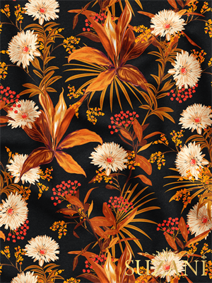 Siyah Zemin Çiçek Açan Desenli Dijital Baskılı Kumaş