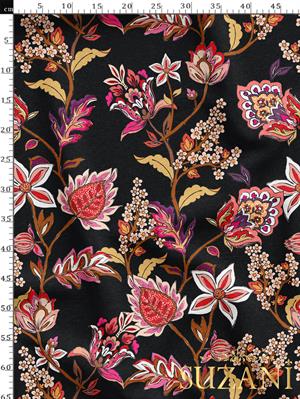 Siyah Zemin Çiçek Desenli Dijital Baskılı Kumaş
